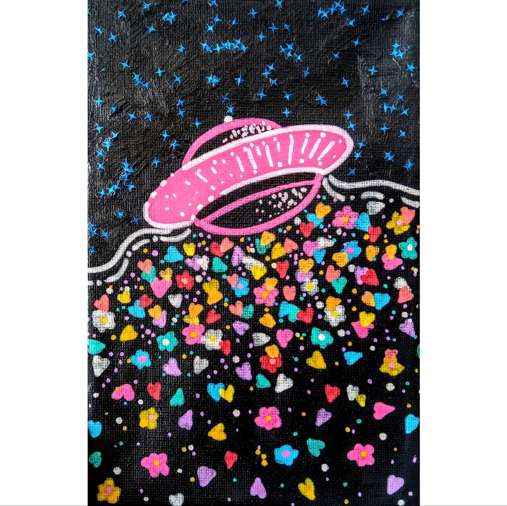 Original Art UFO black small canvas artwork Hand painted one of a kind piece